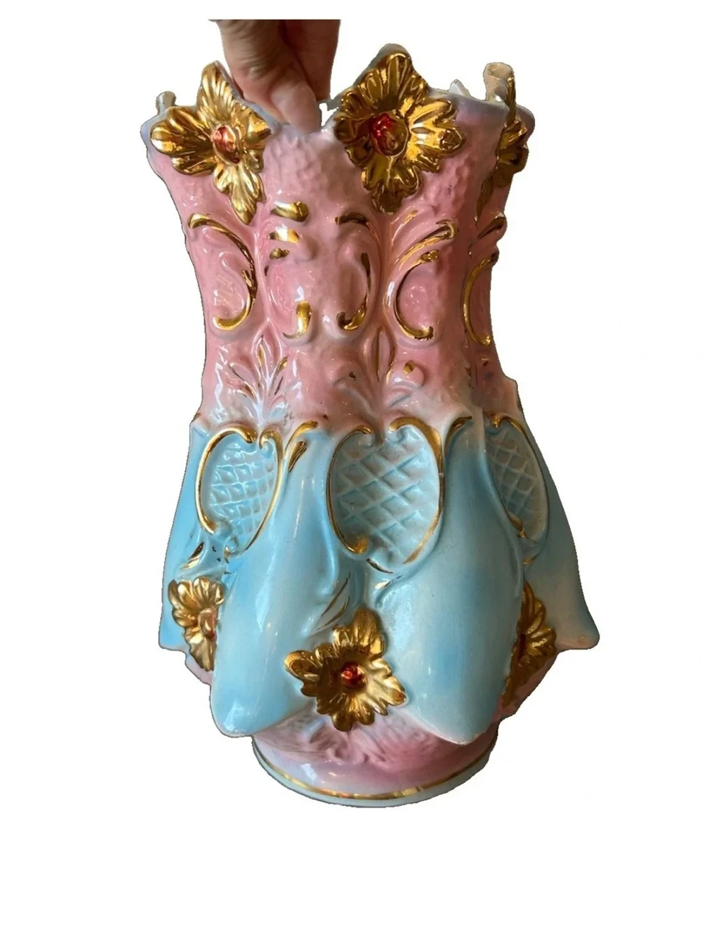 Vintage Italian Hand Painted Ceramic Vase Pink Blue Gold Gilt 12.5”